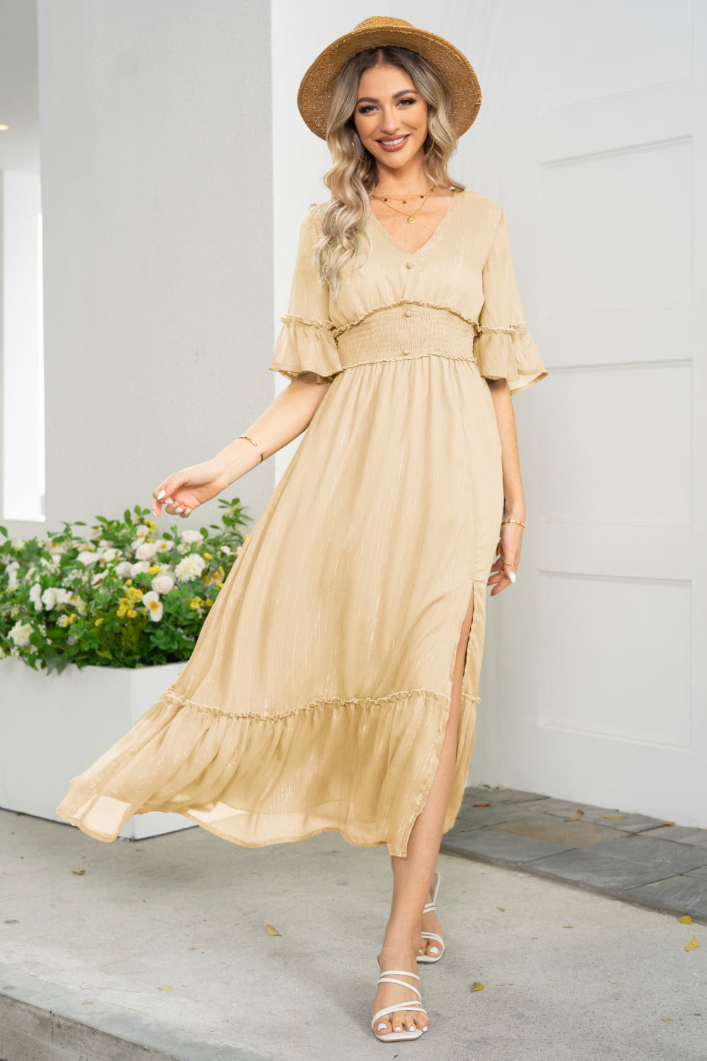 V neck 2024 flounce dress